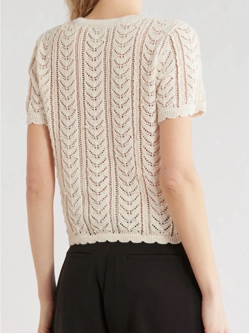 Jason Wu Pearl Pointelle Lace Cardigan Sweater Beige Scallop Short Sleeve M - Picture 2 of 9
